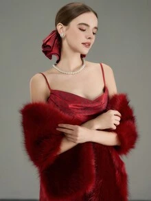 Khăn choàng cổ giả lông thú màu đỏ tía kiểu Âu & Mỹ dành cho cô dâu, áo choàng cổ điển đa năng cho tiệc cocktail, đám cưới, Giáng sinh, sang trọng và quý phái. - Màu Đỏ Sâu - Xem 2