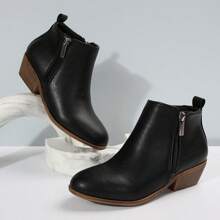 1pair New Stylish Women Block Heel Zipper Side Ankle Boots, Black, For Autumn/Winter Season