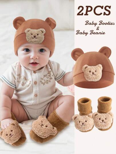 2 peças de chapéu e meias de algodão para bebê urso, macios, quentes e fofos, personalizados, adequados para meninos e meninas recém-nascidos, uso diário, adequados para mães darem presentes aos bebês.
