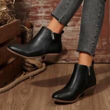 1pair New Stylish Women Block Heel Zipper Side Ankle Boots, Black, For Autumn/Winter Season
