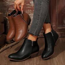 1pair New Stylish Women Block Heel Zipper Side Ankle Boots, Black, For Autumn/Winter Season