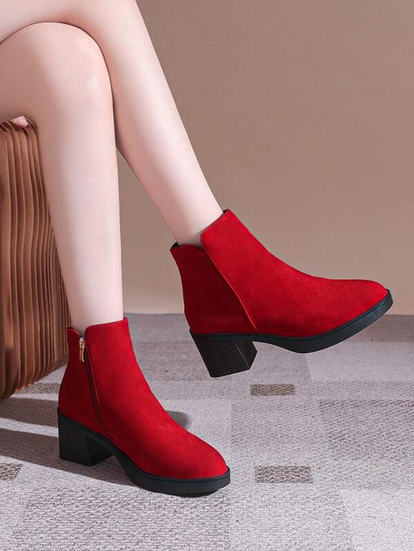 Women Short Boots Thick Heel Black Mid-Calf Thermal Lined Casual Short Boots Winter Plus Size Faux Suede Ankle Boots