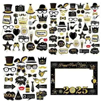 1/24/29/53pcs Black & Gold Paper 2025 Number Photo Prop Set, Party Decorations,Christmas