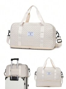 1 件休闲绗缝超大旅行行李袋多功能携带可扩展干湿分离和行李带设计轻便健身和瑜伽手提包非常适合运动/健身/周末度假和过夜住宿 - 机场友好型行李箱整理器 - 米色 - 查看 14