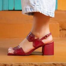 Women's Buckle Block Heel Square Medium Low Wine Color New Arrival Current Fashion Comfortable Chic Summer Elegant Everyday Work Evangelical Mode - 酒紅色 - 查看 2