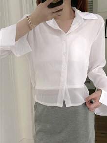 女款素色長袖襯衫，夏季休閒白色 - 白色 - 查看 2