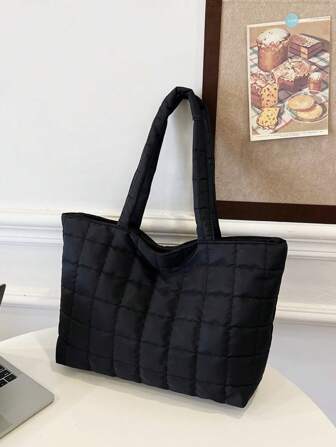 纯色帆布，大容量小方形绣花线，简约休闲，通勤女装，单肩手提包，学生手提包，多个隔层，非常适合海滩、学校、工作和日常使用