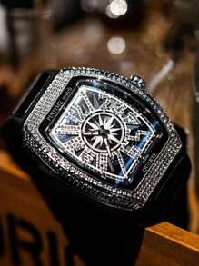 1 pieza Reloj cuarzo de esfera negro poliuretano PU con tira atractivo con diseño de diamante de imitación tonneau, para vida diaria - Negro - Ver 4