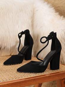 女士粗跟高跟鞋，新款春夏韩版天鹅绒百搭时尚女鞋，黑色尖头单带扣高跟鞋 - 黑色 - 查看 2