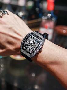 1 pieza Reloj cuarzo de esfera negro poliuretano PU con tira atractivo con diseño de diamante de imitación tonneau, para vida diaria - Negro - Ver 6