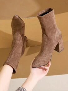 New Autumn/Winter Pointed Toe Khaki Ankle Boots, Chunky Heel, Slip-On, & Versatile, Elegant French Style Casual Fashion Boots, Slim Leg - Khaki - View 3