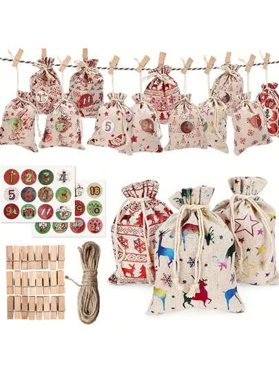 12/24pcs Christmas Advent Calendar Bags Christmas Gift Bags 24 Days Burlap Hanging Advent Calendar Candy Gift Drawstring Bag Countdown Decoration With Advent Numbers Sticker, Clip, Rope,,Christmas