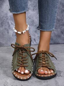 Sandales slip-on pour femmes, chaussures plates d'été décontractées à bout ouvert, sandales légères à lacets en noir, vert armée, imprimé léopard