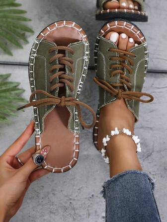 Sandálias Tipo Slide Femininas, Sandálias de Verão Abertas e Planas Casuais, Sandálias Leves com Cadarço nas Cores Preto, Verde Militar e Estampa de Leopardo