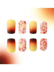 24 unghie corte con effetto sfumato giallo-rosso, stile autunnale e invernale, foglie d'acero rosse, stile retrò europeo e americano, unghie quadrate, con 1 pezzo di colla gel alla frutta e 1 lima per unghie - Multicolore - Visualizzare 2