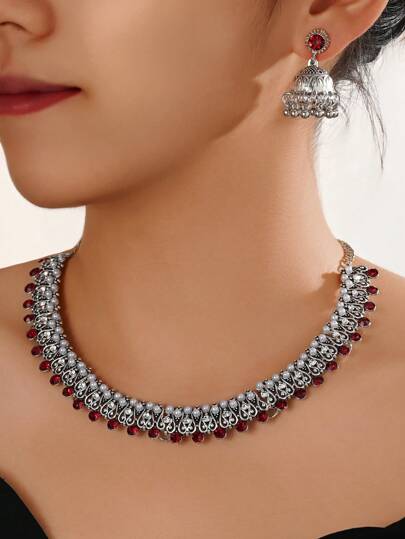 3pcs/Set Vintage Faux Pearl Pendant Earrings With Colored Rhinestone Necklace, Bollywood Style Jewelry Set Suitable For Women's Daily, Banquets, Weddings Wear