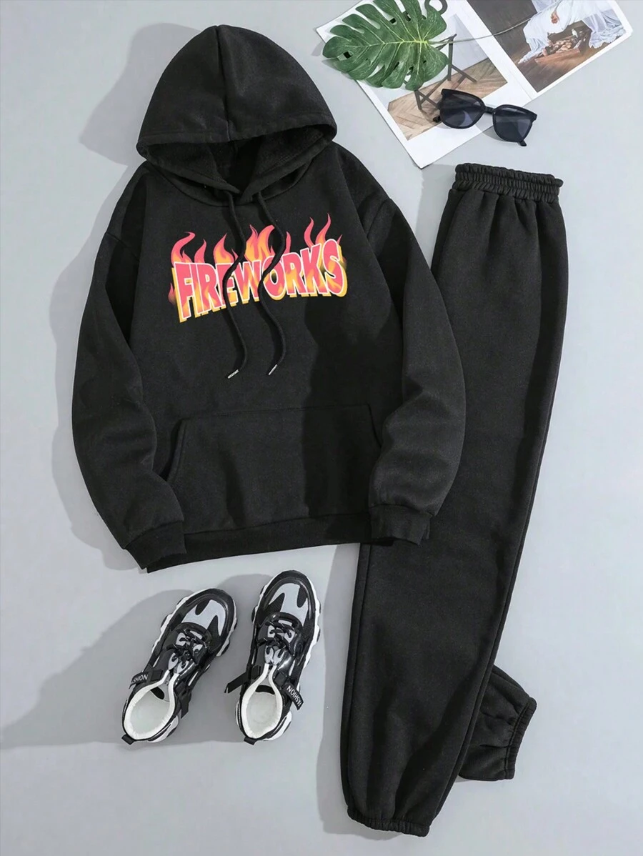 Bộ 2 món áo hoodie nỉ in chữ và quần nỉ thể thao thu đông - màu đen - Xem 1