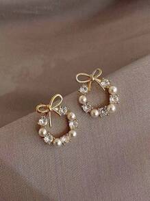 1 对人造锆石和人造珍珠花耳环，非常适合作为情人节的圣诞礼物 - 彩色 - 查看 2