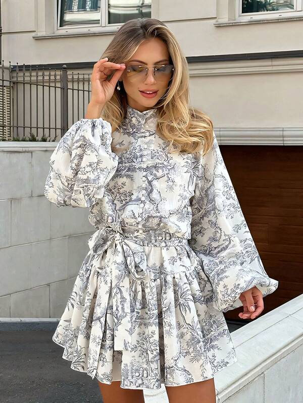 1pc Fashionable & Elegant Random Print Long Sleeve Tie Waist Loose Dress