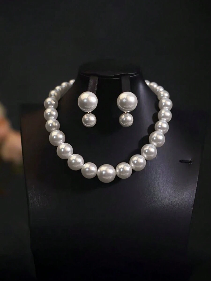 3 件套人造珍珠蝴蝶结项链和耳环首饰套装，独特设计，适合女性日常佩戴，是送给女友的理想礼物 - 白色 - 查看 1