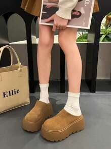 Women Slip On Mules, Increased Height Thick Sole Suede Fleece Closed Toe Platform High Heel Warm Winter Shoes, Versatile Autumn/Winter New Style