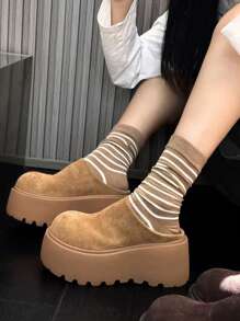 Women Slip On Mules, Increased Height Thick Sole Suede Fleece Closed Toe Platform High Heel Warm Winter Shoes, Versatile Autumn/Winter New Style