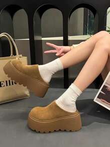 Women Slip On Mules, Increased Height Thick Sole Suede Fleece Closed Toe Platform High Heel Warm Winter Shoes, Versatile Autumn/Winter New Style