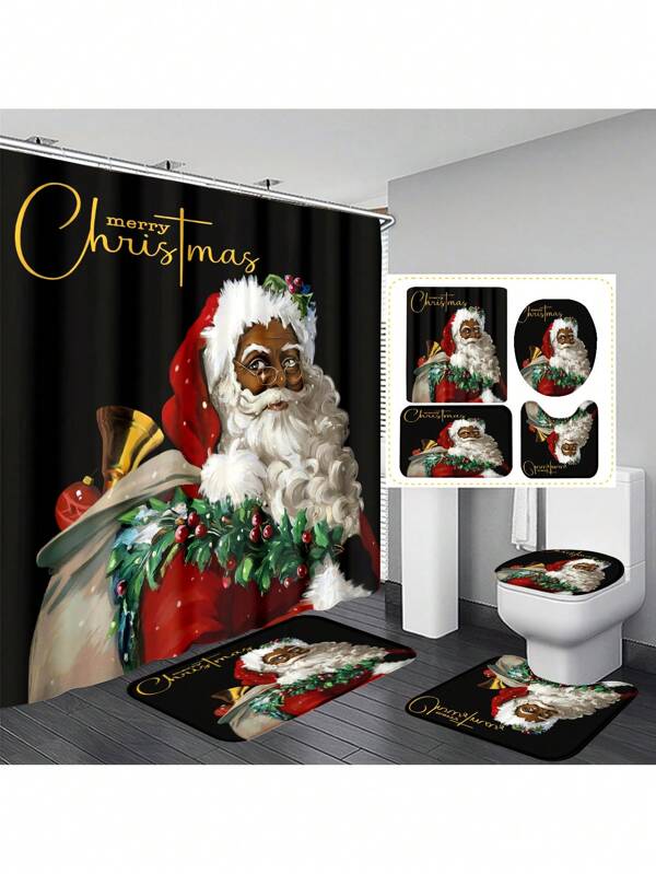 1pc/4pcs Christmas Santa Claus Pattern Shower Curtain Set, Waterproof Shower Curtain With 12 Hooks, Bathroom Rug, U-Shaped Toilet Mat, Toilet Lid Cover, Bathroom Partition, Bathroom Accessories, Bathroom Decor Back To School