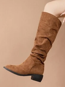 Plus Size Women's Ruched Chunky Heel Pull-On Knee-High Boots, Retro Solid Color Comfortable Riding Boots - Brown - View 2