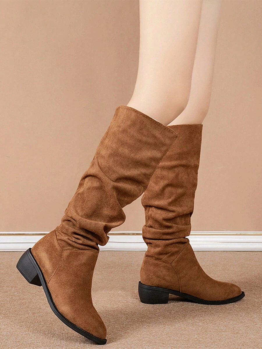 Plus Size Women's Ruched Chunky Heel Pull-On Knee-High Boots, Retro Solid Color Comfortable Riding Boots - Brown - View 1
