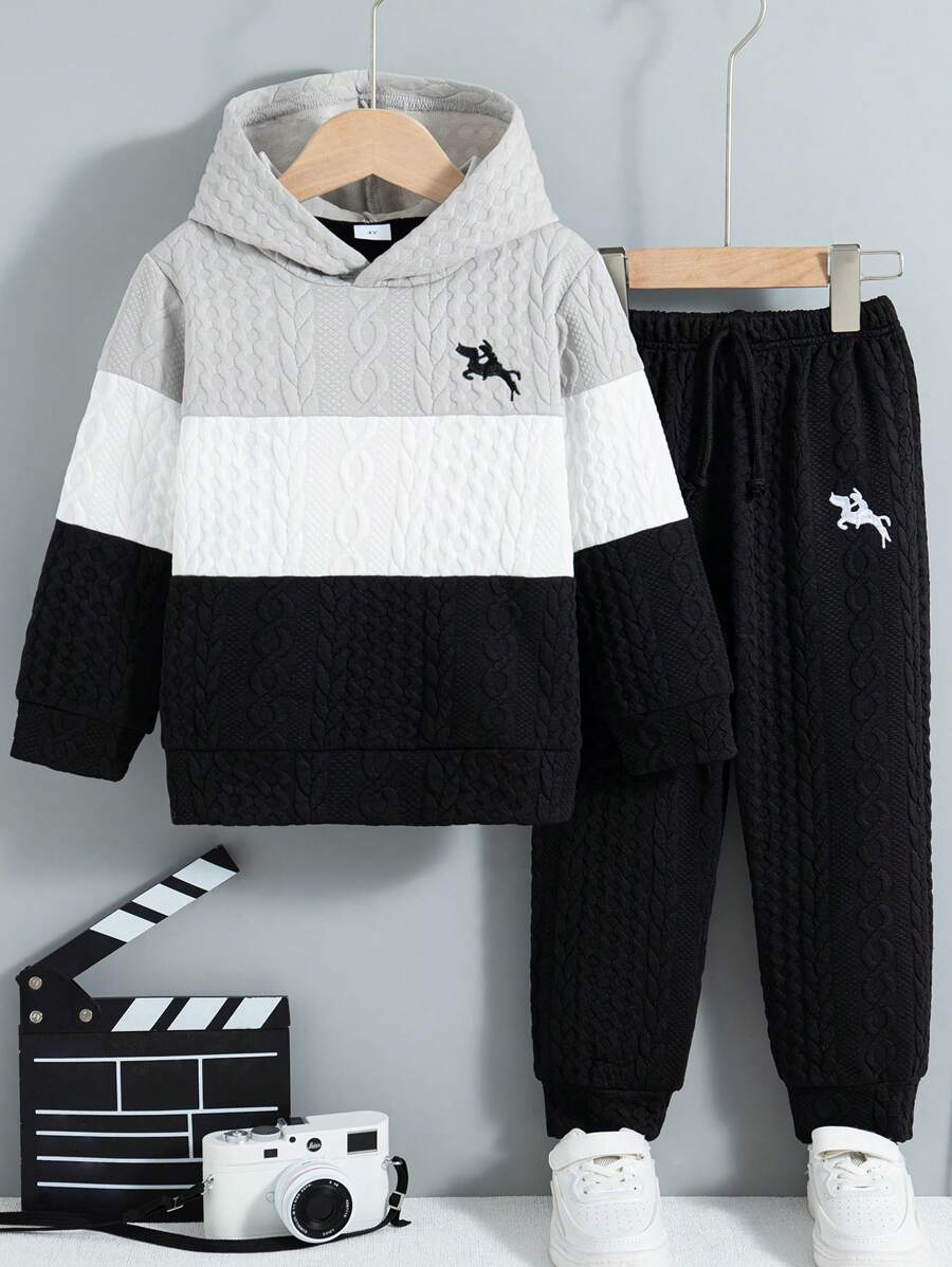 Set de 2 piezas para niño pequeño de manga larga con capucha y bloque de color, y pantalones largos con cordón, ajuste regular, para primavera/otoño - Negro - Ver 1