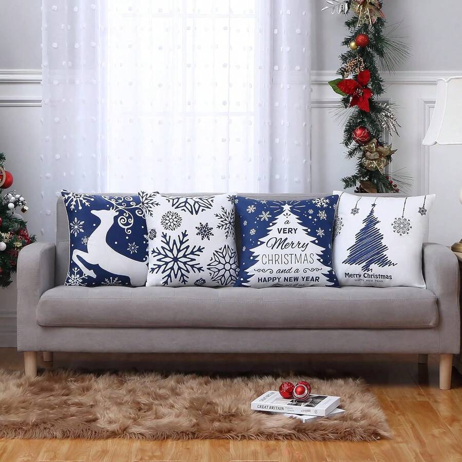 4pcs Christmas Pillowcase In Navy Blue, Featuring Snowflakes And The Text 'Merry Christmas'. Festive Pillowcase Suitable For Indoor And Outdoor Use, Living Room Sofa, And Home Room Decoration. Single-Sided, Pillow Insert Not Included. - Blue and White - View 1