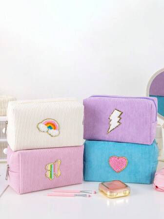 1件装 女士女孩学院风爱心彩虹飞机雪尼尔贴片旅行灯芯绒护肤化妆包旅行拉链化妆收纳包美学化妆包灯芯绒化妆包青少年女孩生日礼物
