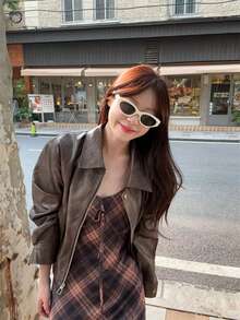 1pc Women's Solid Color Stand Collar Long Sleeve PU Leather Jacket, Retro Minimalist Style Crop Top, Autumn/Winter - Coffee Brown - View 4