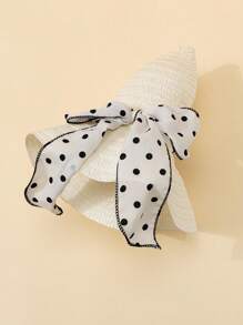 1pc Summer Women White Wavy Polka Dot Bow Beach Sun Hat, Elegant Sun Protection For Beach Travel And Vacation - Beige - View 3