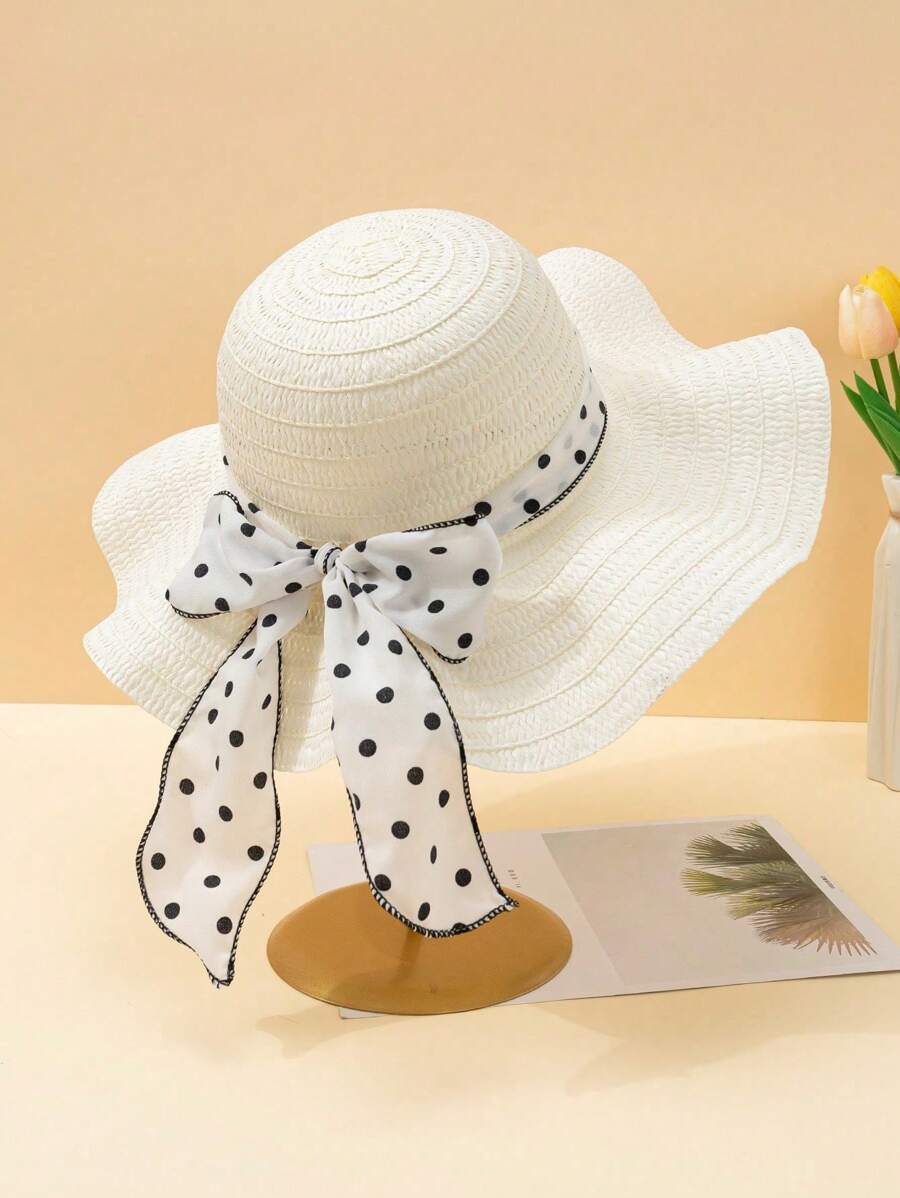 1pc Summer Women White Wavy Polka Dot Bow Beach Sun Hat, Elegant Sun Protection For Beach Travel And Vacation - Beige - View 1