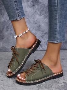 Sandales slip-on pour femmes, chaussures plates d'été décontractées à bout ouvert, sandales légères à lacets en noir, vert armée, imprimé léopard