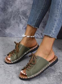 Sandales slip-on pour femmes, chaussures plates d'été décontractées à bout ouvert, sandales légères à lacets en noir, vert armée, imprimé léopard