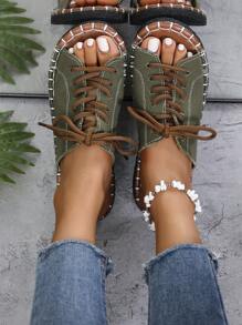 Sandales slip-on pour femmes, chaussures plates d'été décontractées à bout ouvert, sandales légères à lacets en noir, vert armée, imprimé léopard