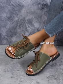 Sandales slip-on pour femmes, chaussures plates d'été décontractées à bout ouvert, sandales légères à lacets en noir, vert armée, imprimé léopard