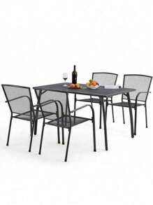 5 Piece Outdoor Patio Outdoor Dining Set Table Stackable Chairs W/ Umbrella Hole - Bàn hình chữ nhật - Xem 2