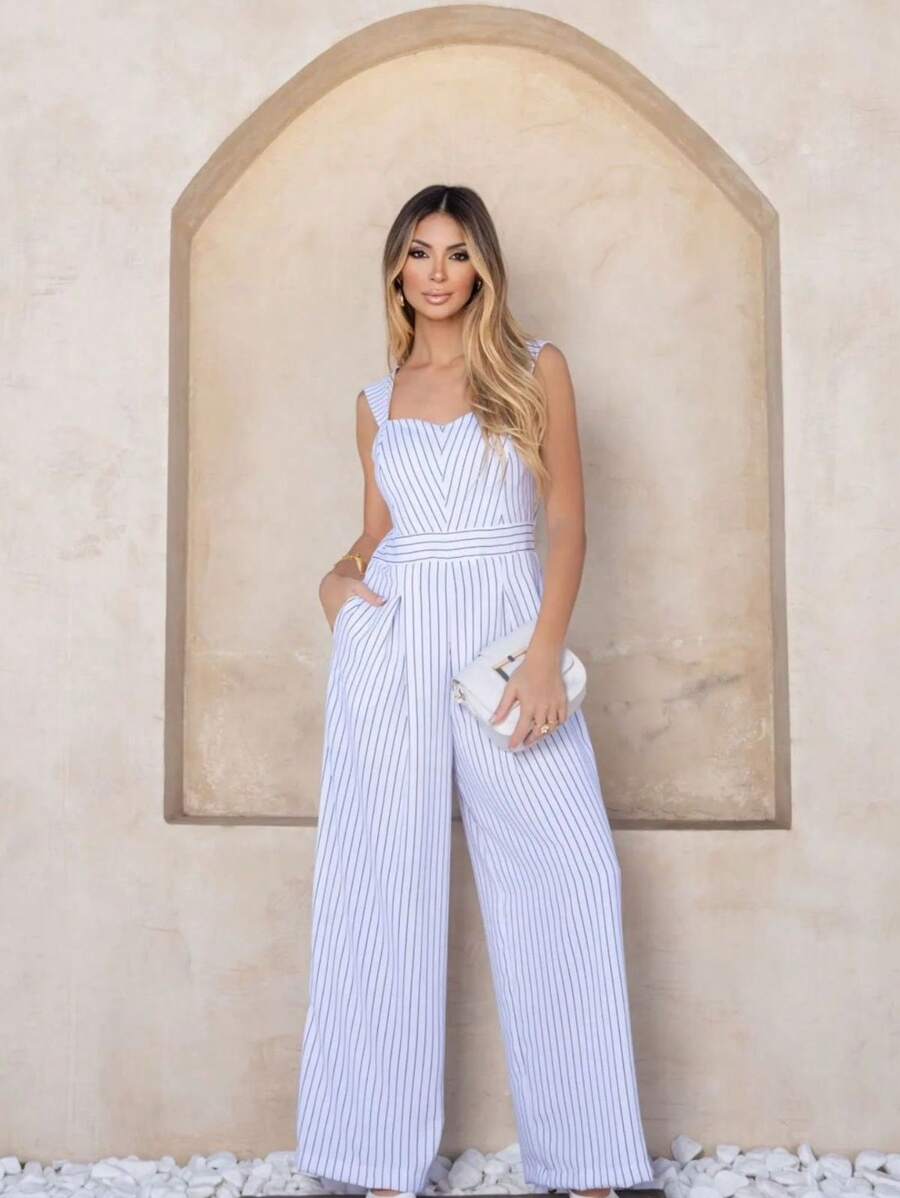 Elegant Casual Pinstripe Long Jumpsuit - 白色 - 查看 1