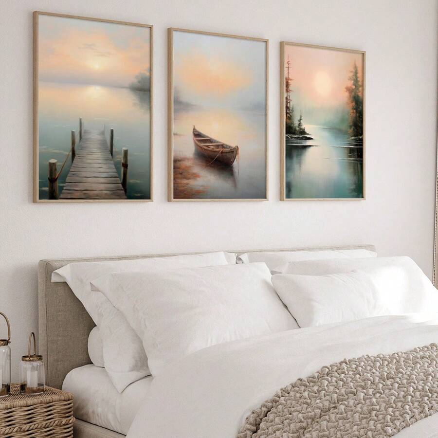 3 件套湖泊、船只和海岸线油画艺术装饰、复古艺术印刷品、乡村风景家居装饰、宁静自然艺术、无框帆布海报、卧室、走廊墙壁艺术、理想礼物、房间装饰 - 3PCS - 查看 1
