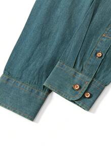 Men's Denim Top Shirt Long-Sleeved Casual Fashion Japanese Retro Plain Fashion New Pocketed Cotton Shirt Jacket - 薄荷藍 - 查看 6