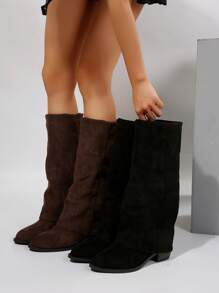 SHEIN BAE Slimming Effect Suede Over-The-Knee Ankle Boots, French Western Style Chunky Heel Pointed Toe For Women