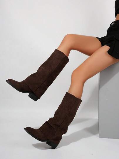 Fall/Winter 2025 Slimming Effect Suede Over-The-Knee Ankle Boots, French Western Style Chunky Heel Pointed Toe For Women