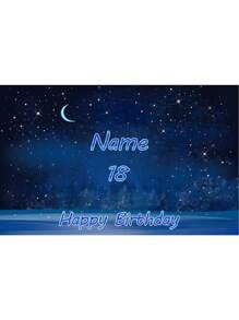 可定制的新生儿摄影背景，带有月亮、星星、蓝云和卡通图案的生日海报 - 彩色 - 查看 15