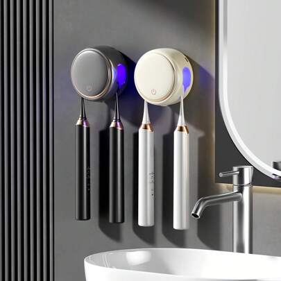 1pc Smart Automatic UV Toothbrush Sterilizer, 2 Slots Toothbrush Holder With Automatic Sterilization, Wall Mounted Toothbrush Holder With USB Fast Charging & Hot Air Drying, Bathroom Toothbrush Sanitizer, Bathroom Storage, Bathroom Accessories Home Bathroom Decor Fall Decor Back To School