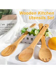 6 piezas Juego de utensilios de cocina de bambú, esenciales para apartamentos, herramientas de cocina antiadherentes de calidad, regalo ideal para inauguración de casa, uso diario - Multicolor - Ver 4