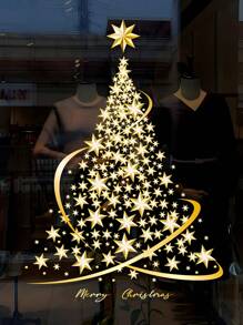1sheet Gold Christmas Tree Decorative Glass Sticker, Large DIY Static Wall Window Door Mural Showcase Decal Sticker Shop Window Decor - Gold - View 3
